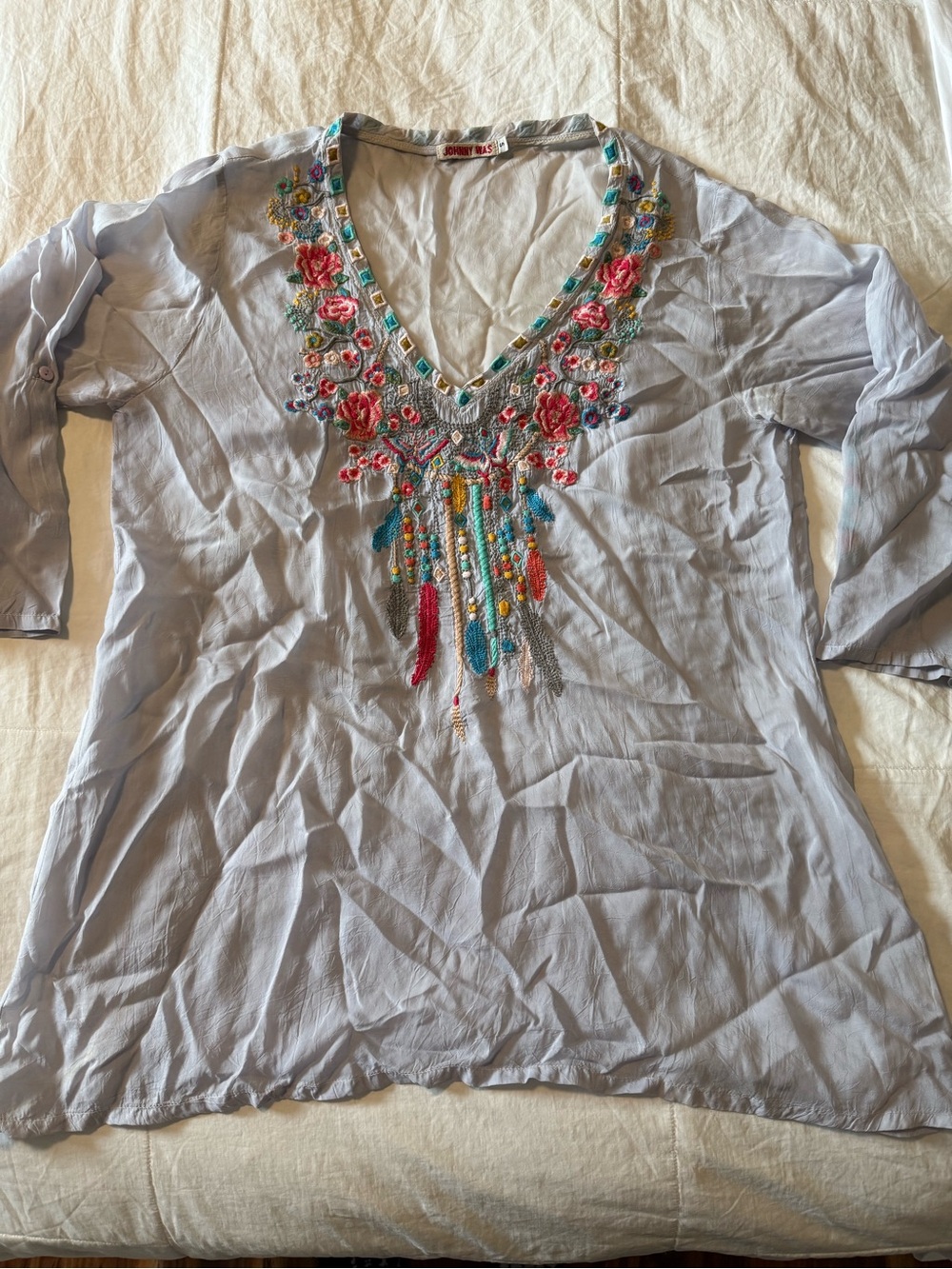 Johnny Was Embroidered Floral Tunic Blouse Light Blue Cupra Rayon